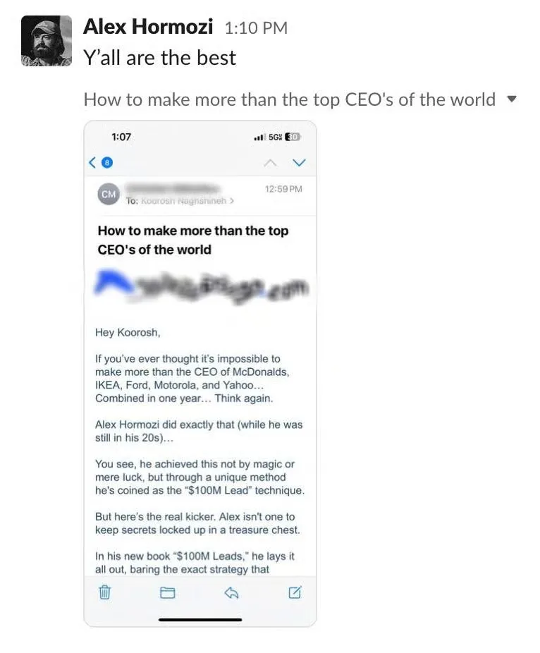 Message from Alex Hormozi reading "Y'all are the best" above the promo email it refers to.