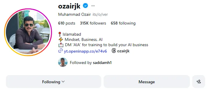 Verified Instagram profile of Muhammad Ozair, @ozairjk, showing 315K followers.